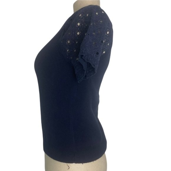 J.CREW Women's Eyelet Lace Sleeve Cotton Knit Navy Short Sleeve Sweater Small - Picture 7 of 11